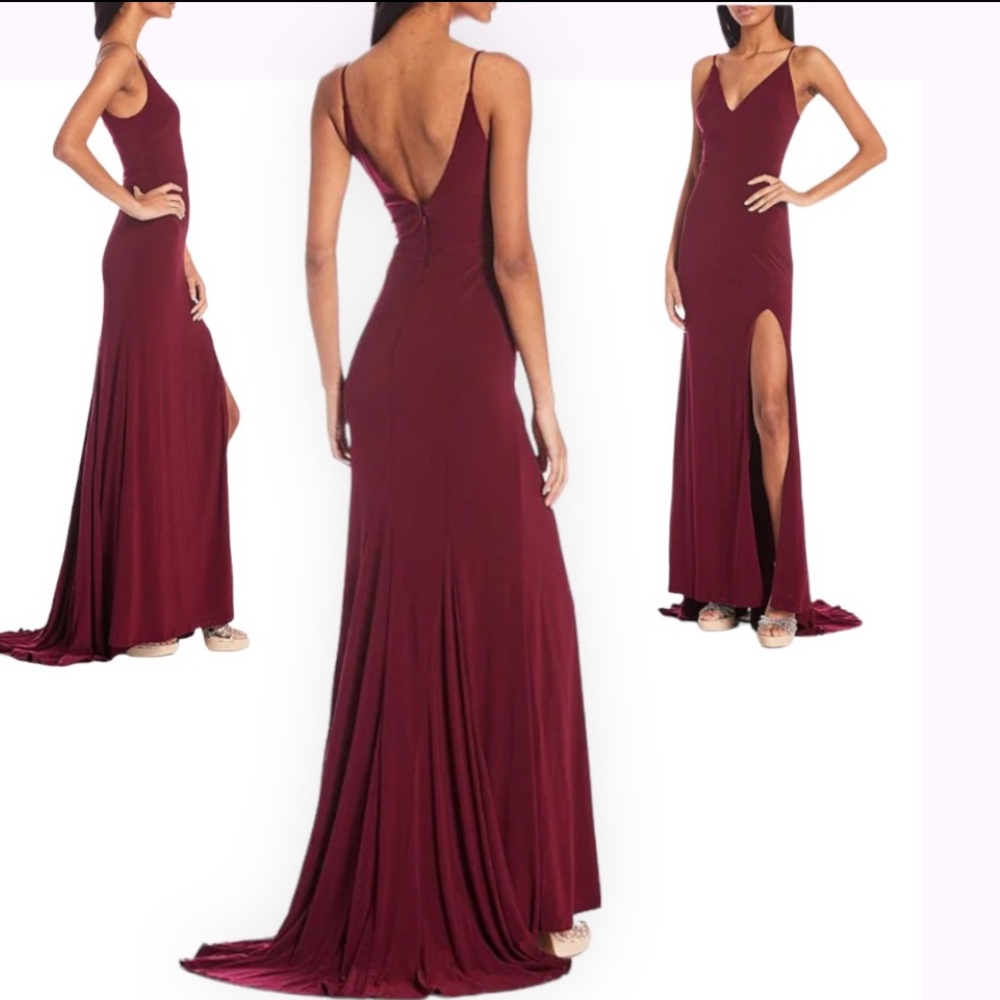 🎉Dear Moon-Spaghetti Strap Deep Plunged V-Neck Slit Hem Long Gown, Size:11, NWT